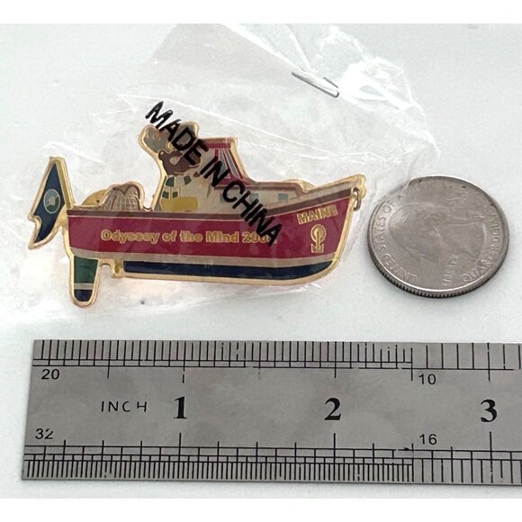 Vintage Odyssey of the Mind Maine 2001 Moose Boat Dangle Lobster 2 Pin Set - Picture 2 of 3